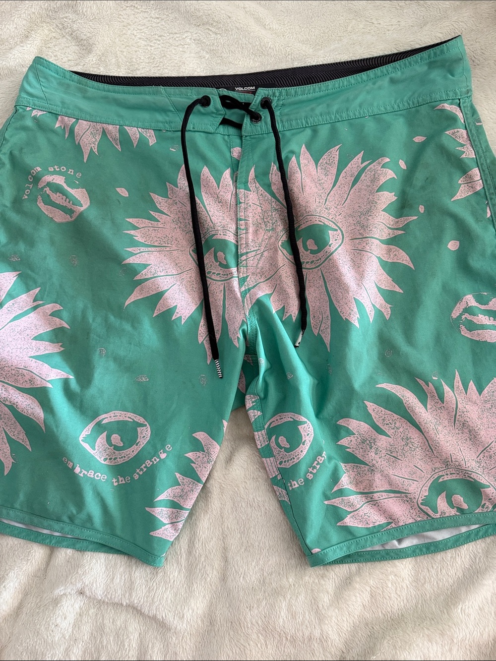 Volcom Men’s Teal Swim Board Shorts with Pink Sunburst Print